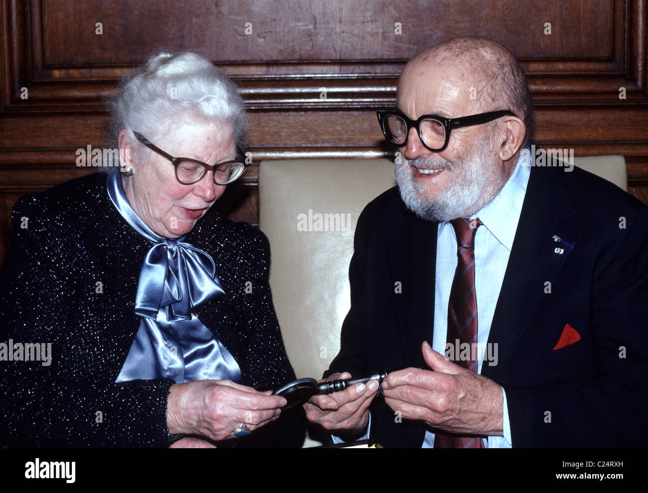Photographer, Ansel Adams and his wife Virginia receive key to the city of San Francisco. 1983 Stock Photo
