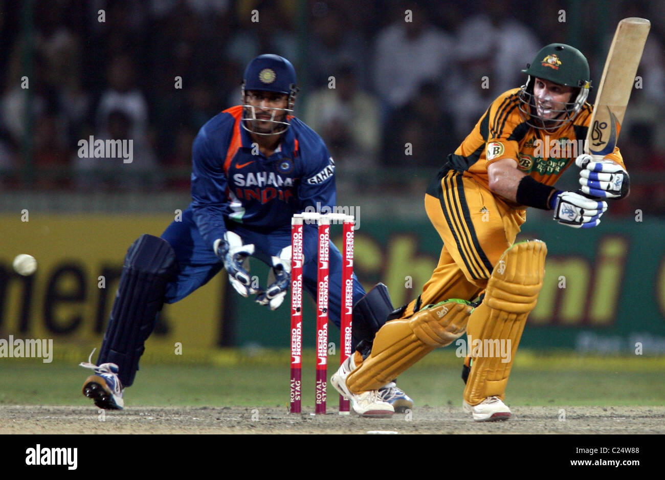 Australia Batsman Michael Hussey plays a shot against India during the Australia vs India - 3rd ODI played at Feroz Shah Kotla Stock Photo
