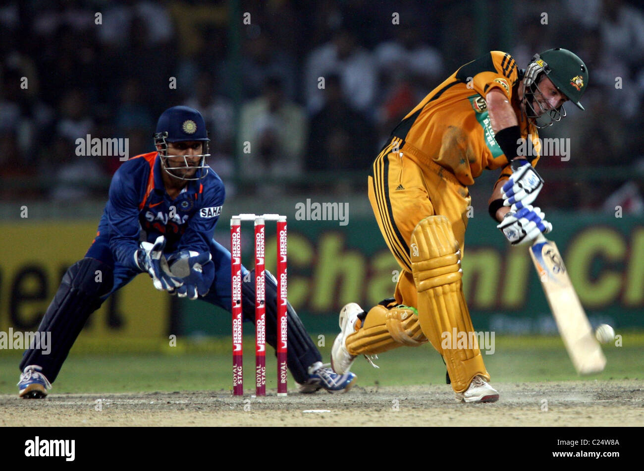 Australia Batsman Michael Hussey plays a shot against India during the Australia vs India - 3rd ODI played at Feroz Shah Kotla Stock Photo