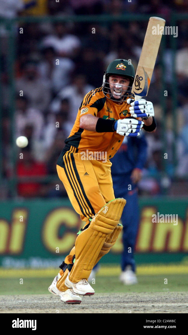 Australia Batsman Michael Hussey play a shot against India during the Australia vs India - 3rd ODI played at Feroz Shah Kotla Stock Photo