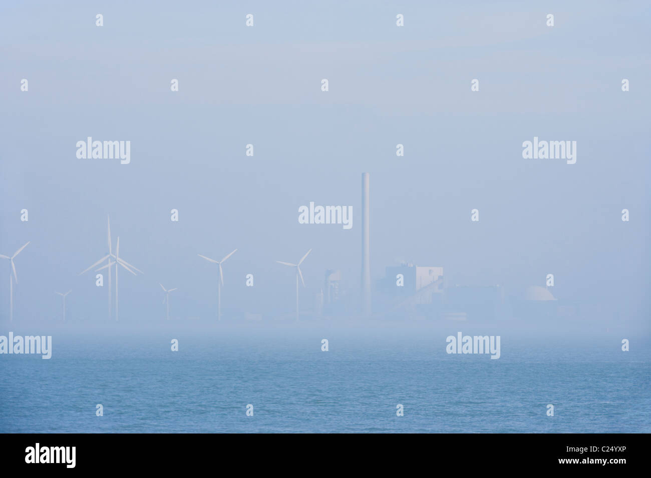 Borssele Nuclear Power Station, Plant, shore of the Westerschelde, Western Scheldt, estuary. Netherlands Holland Dutch. Windfarm Stock Photo