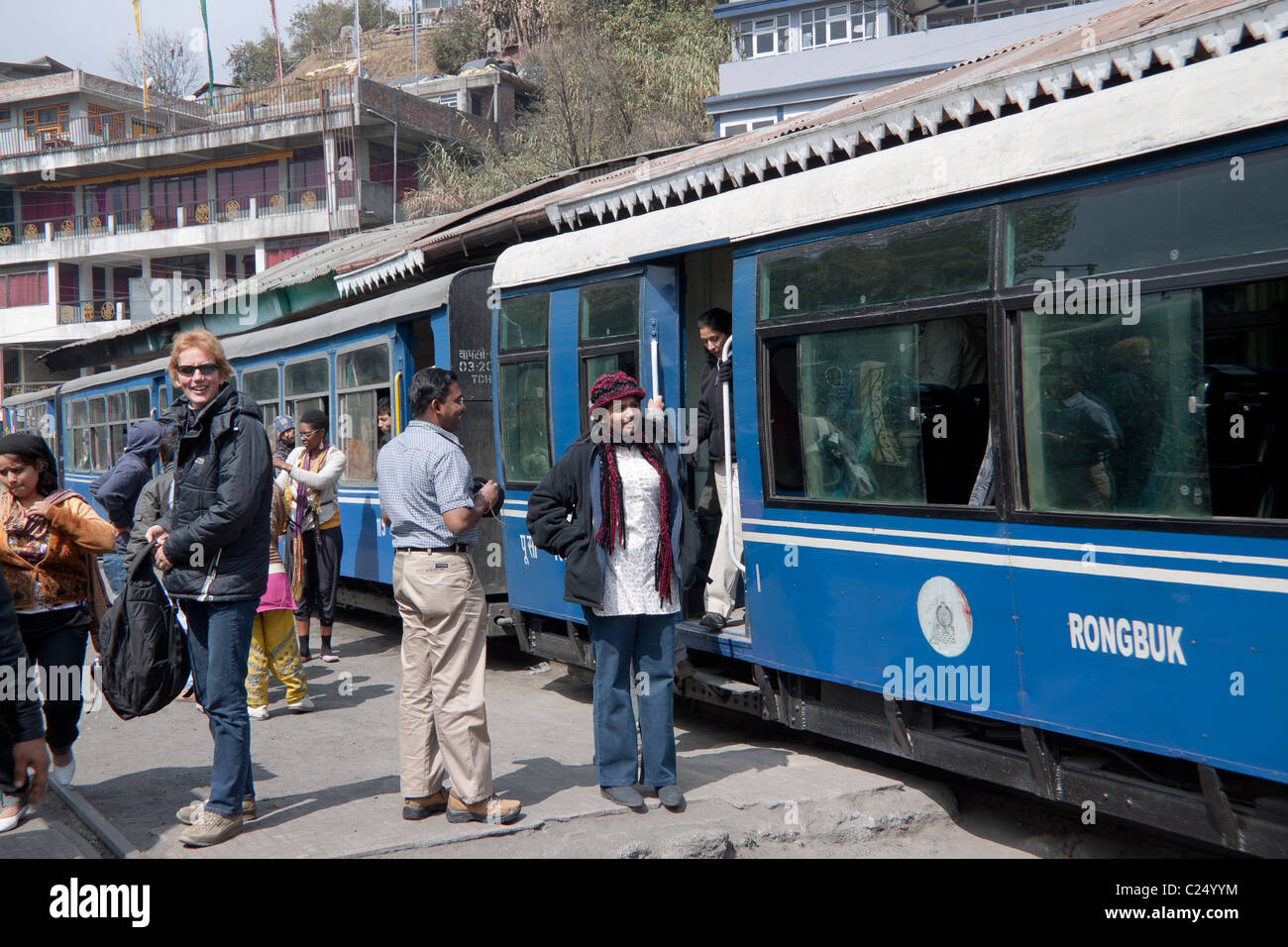 The Darjeeling Himalayan railway at 'Ghum' station in Darjeeling, West Bengal, India. Stock Photo