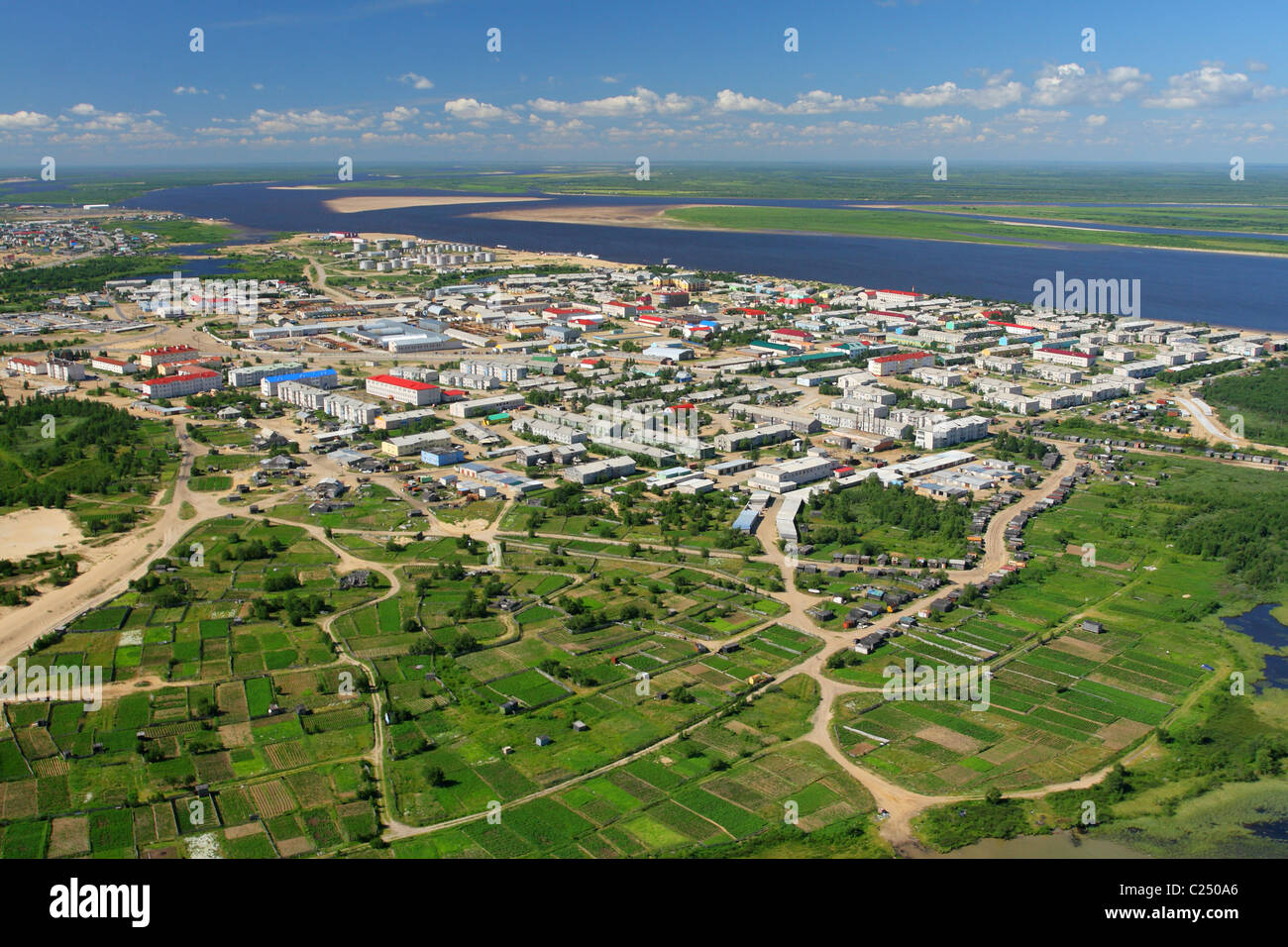 Urban settlement 'Village of the Seekers',an aerial view in the summer. Nenets Autonomous Okrug, Arkhangelsk Oblast, Russia Stock Photo