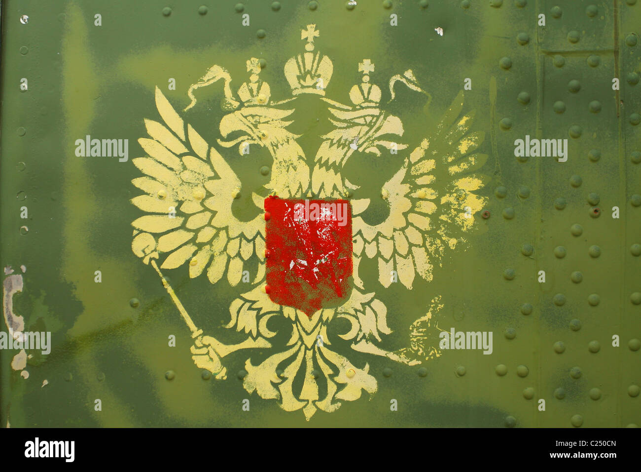 The Russian coat of arms printed on the board of a military helicopter. RUSSIA Stock Photo