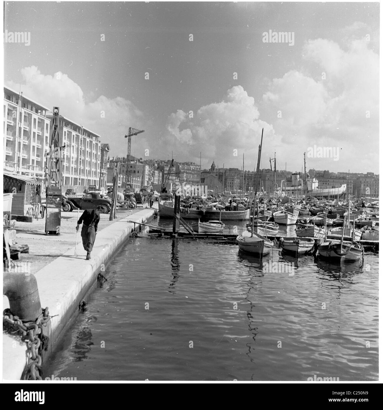 1950s, historical view of the old port at Marseilles, France, an