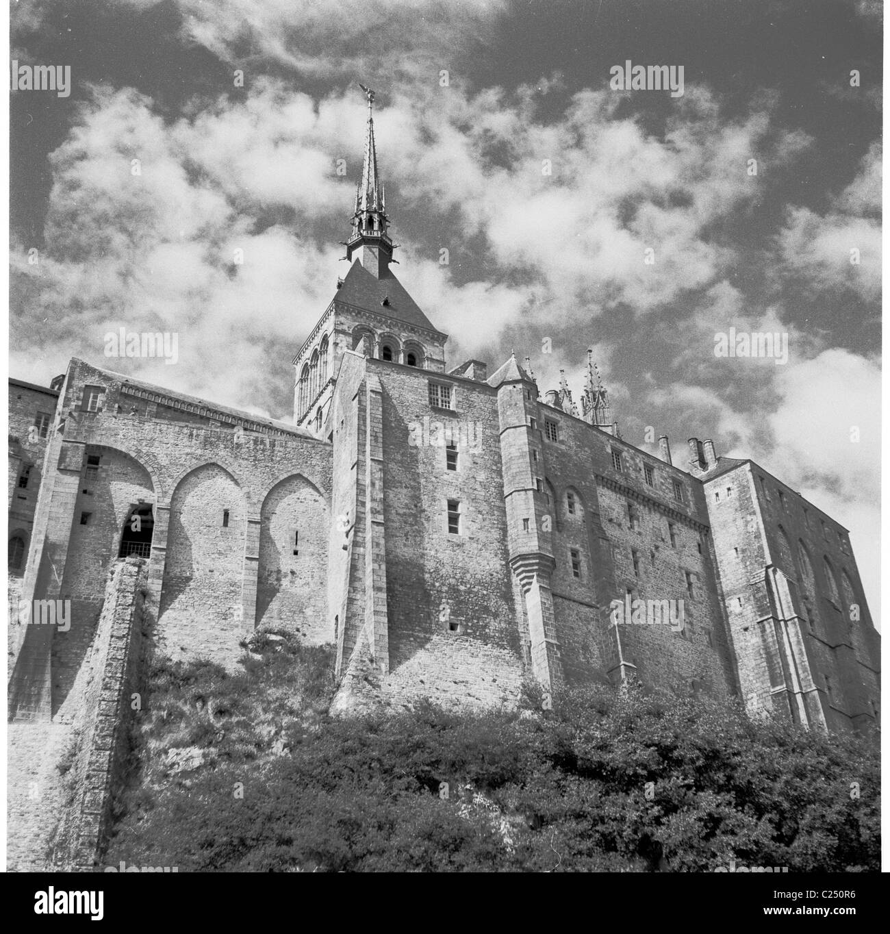 France,1950s, historical the ancient abbey at Le Mont-Saint-MIchel ...