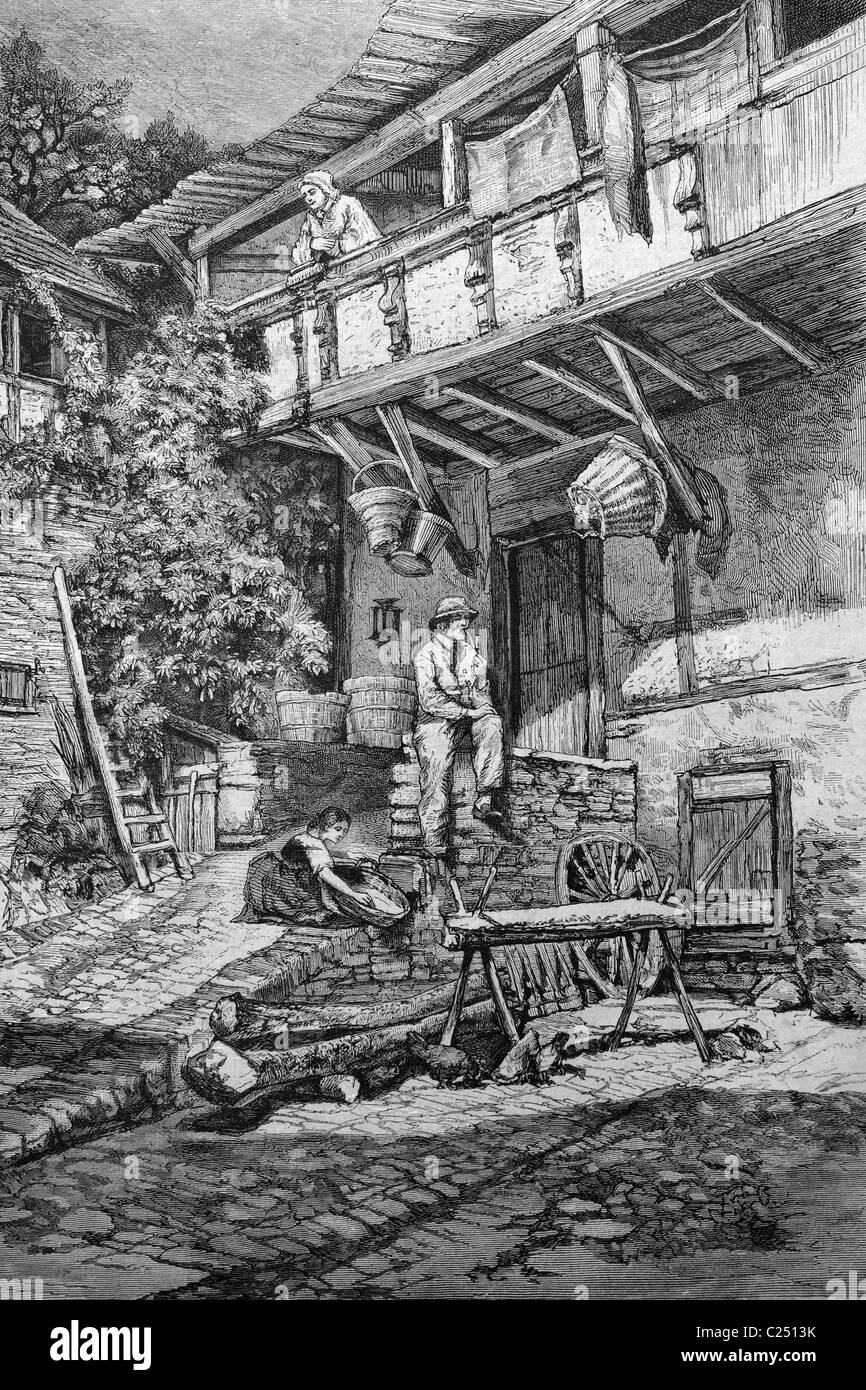 Alsatian farm, France, historic illustration, 1877 Stock Photo