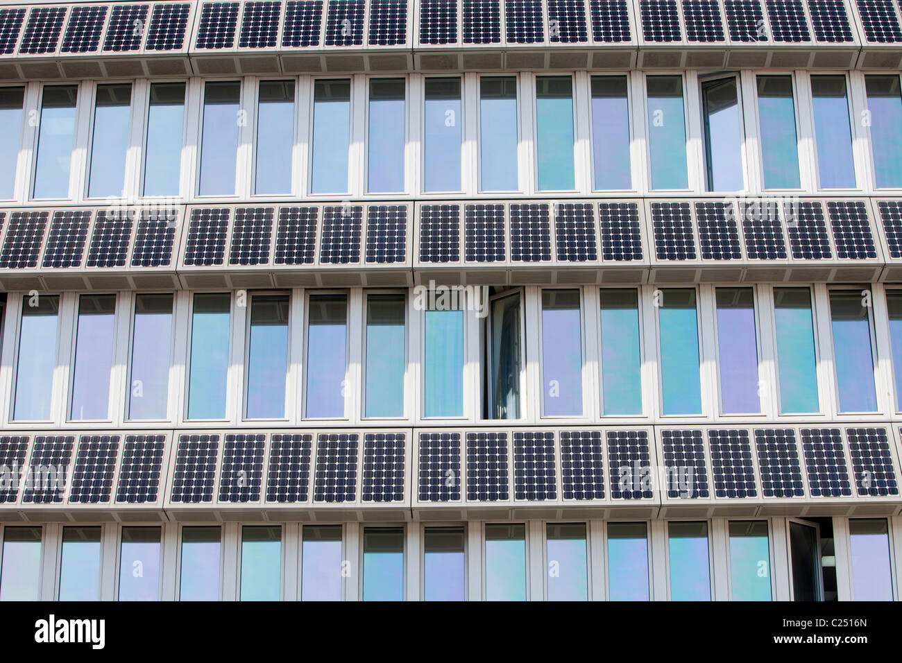 Solar panels on a building on the campus of Northumbira University, Newcastle upon Tyne, UK. Stock Photo