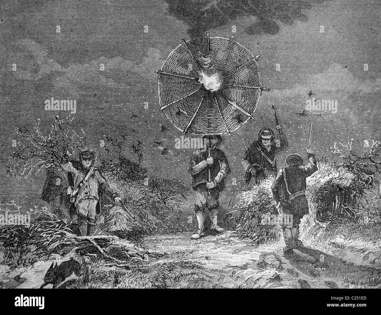 Hunt for migratory birds at night, historic illustration, 1877 Stock Photo