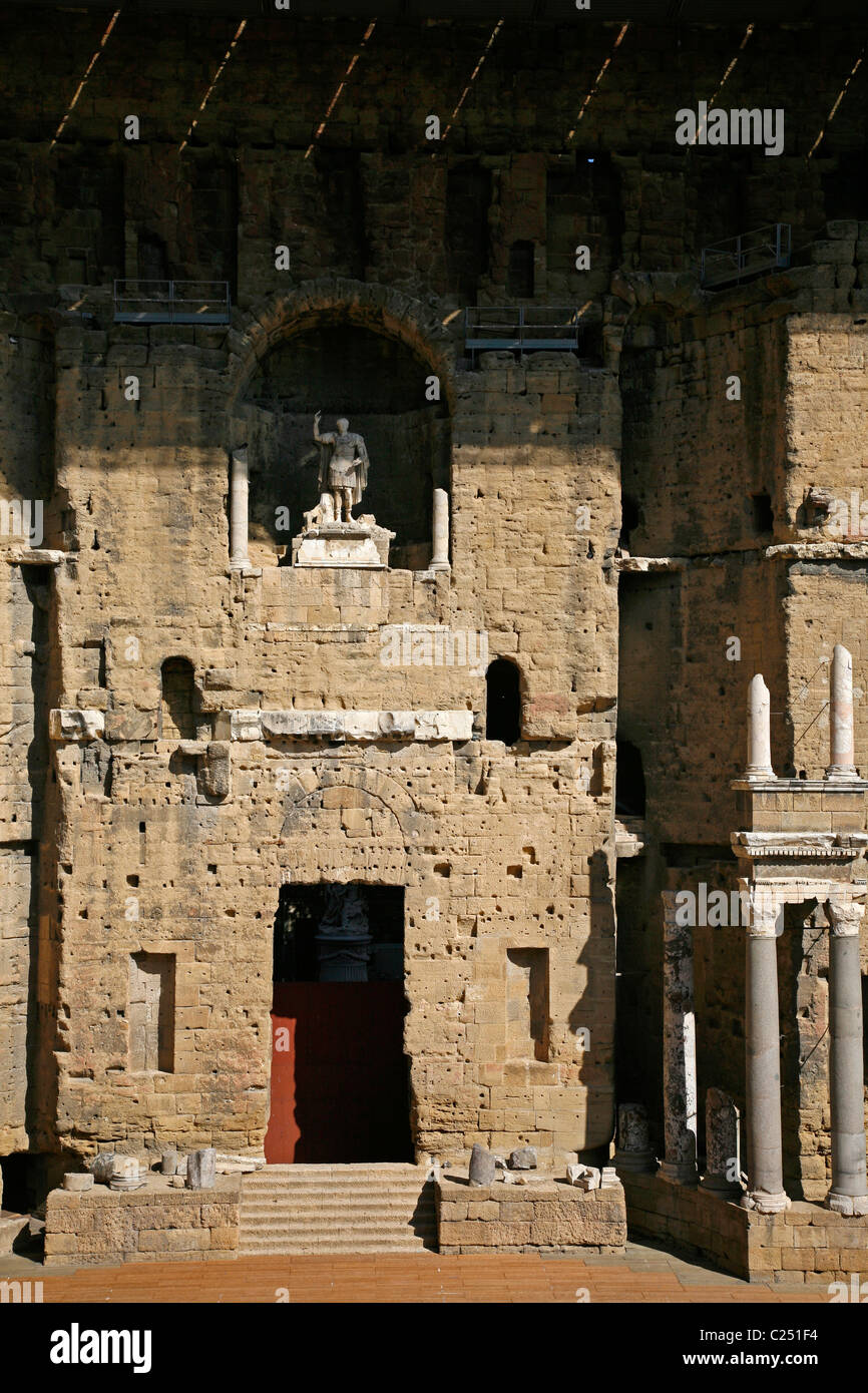 Stage wall at Theatre Antique Roman theatre in Orange, Vaucluse, Provence, France. Stock Photo