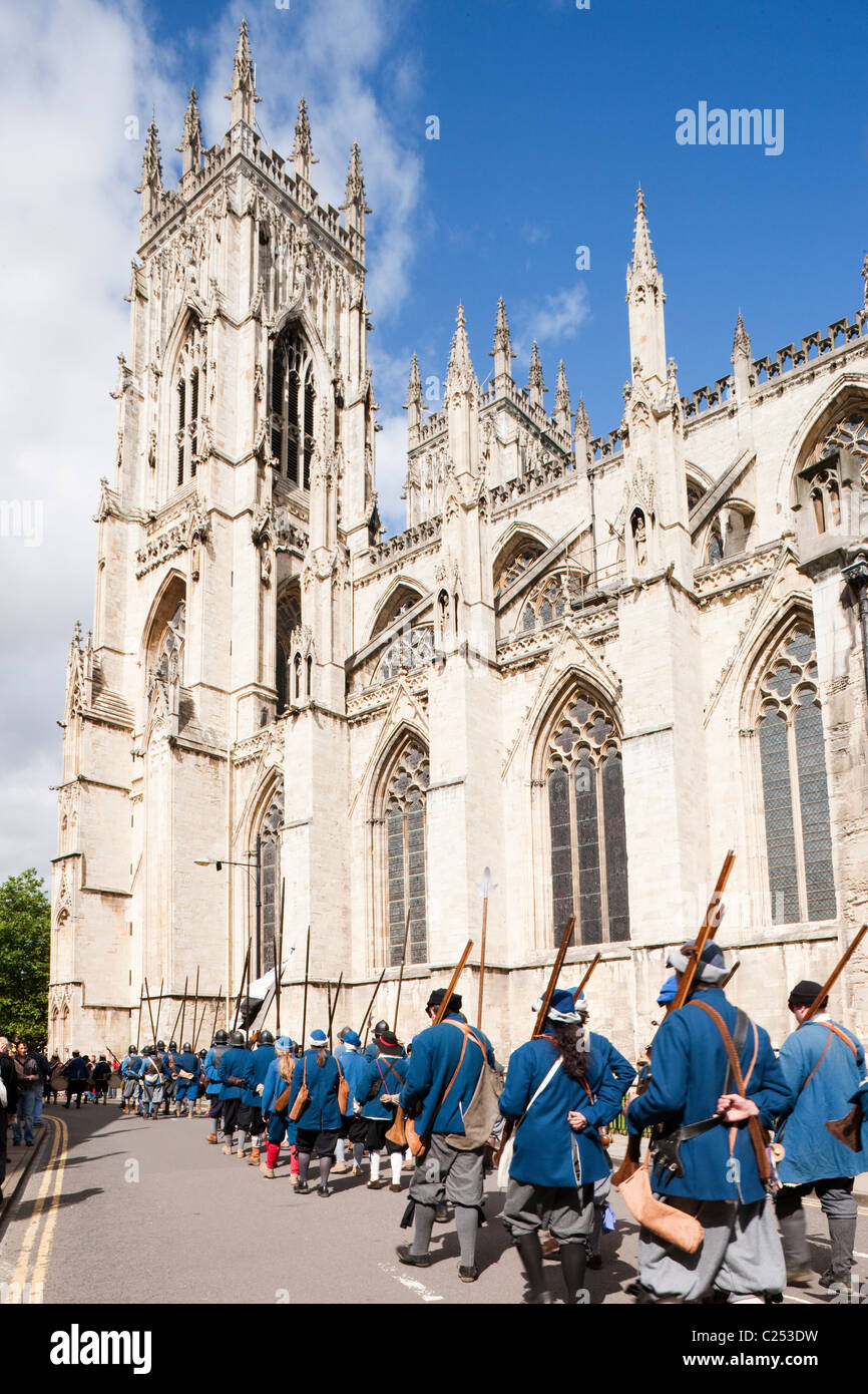 A battle reinactment gives a display at the rear of York, Minster, York City, East Yorkshire Stock Photo