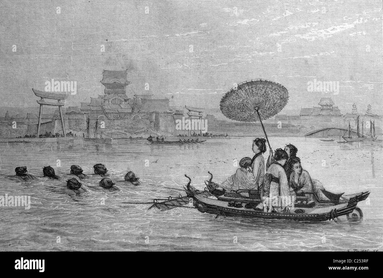 Japanese ferry, Japan, historic illustration, 1877 Stock Photo