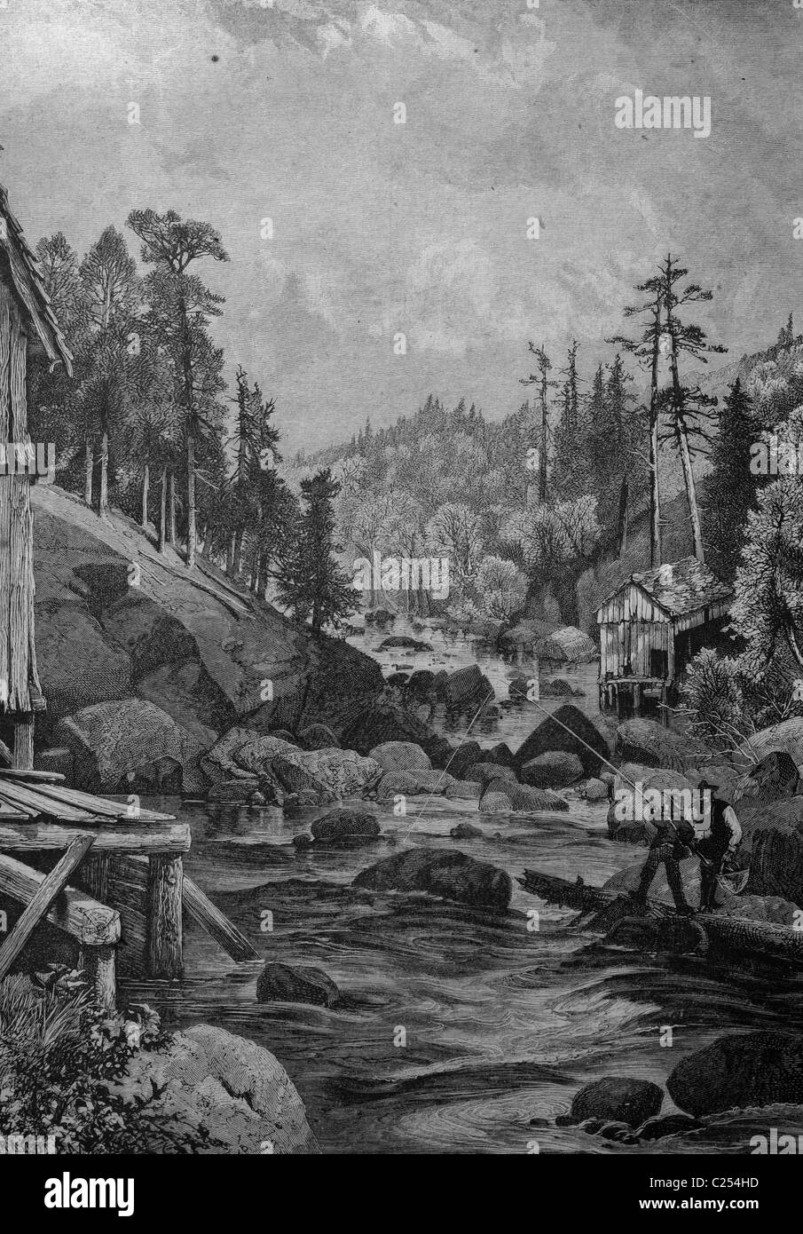 Landscape on the Missouri River, USA, historic illustration, 1877 Stock