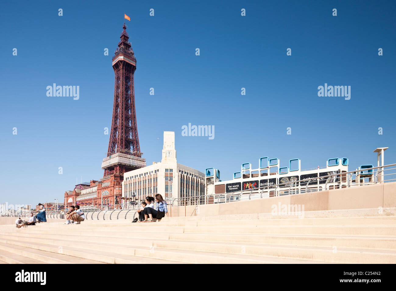 Blackpool Tower on the steps at Blackpool Beach in Lancashire, England, UK Stock Photo