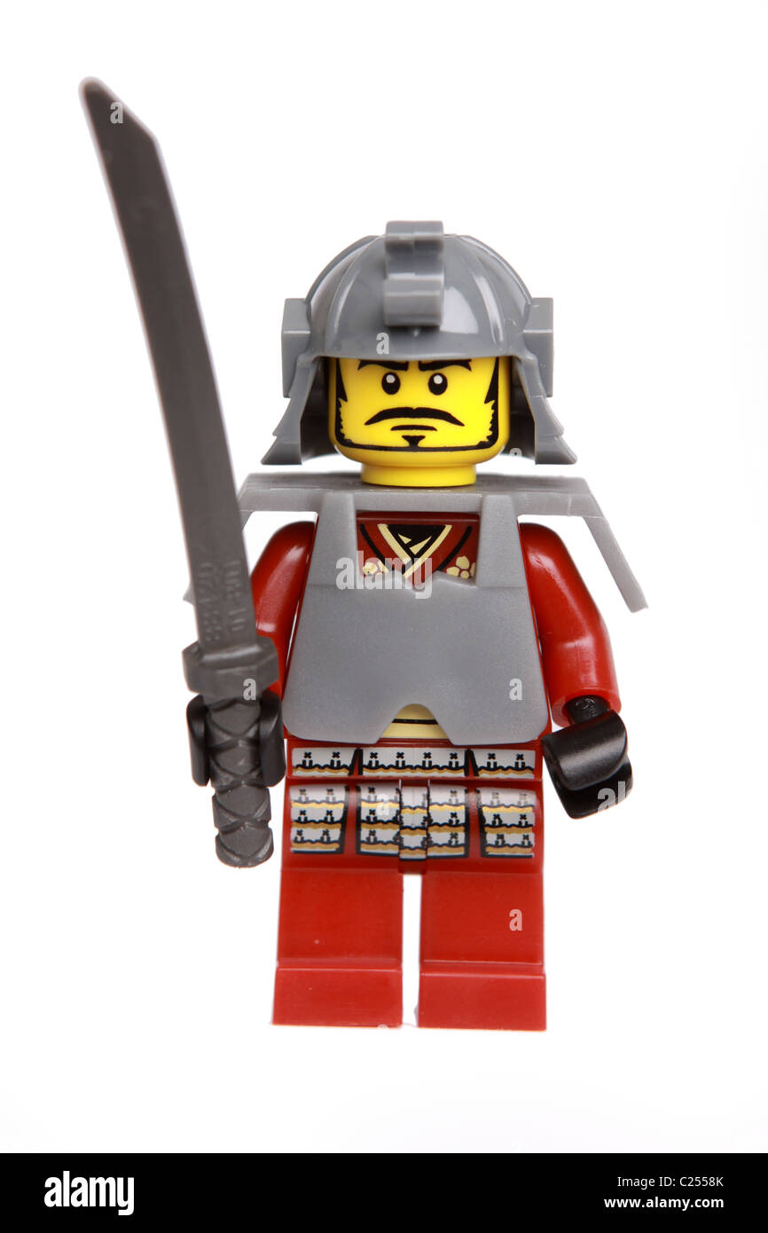 Toy Lego action figure dressed in historical fighting frightening clothing battle dress Stock Photo