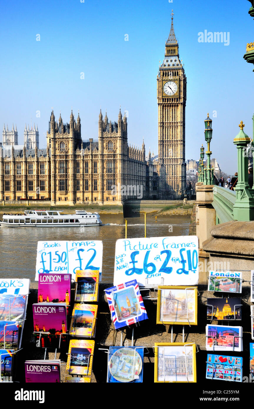 Houses of Parliament with souvenir stall in foreground ,London Stock Photo