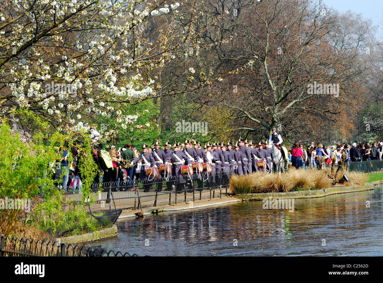 British soldiers marching through St.James Park, London Stock Photo
