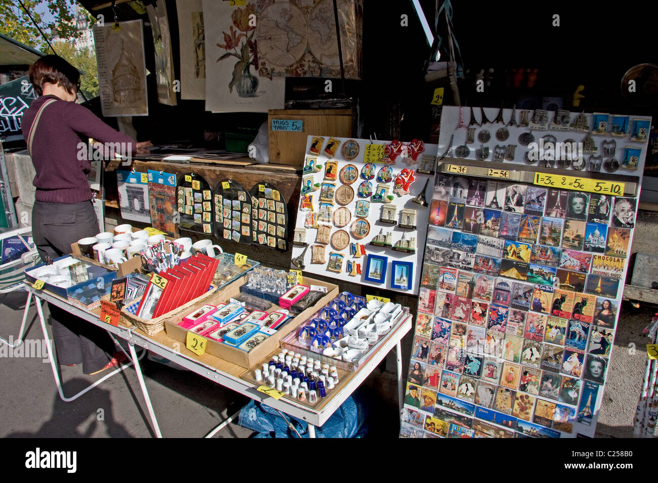Stall of souvenirs for sale, Left Bank, Paris Stock Photo