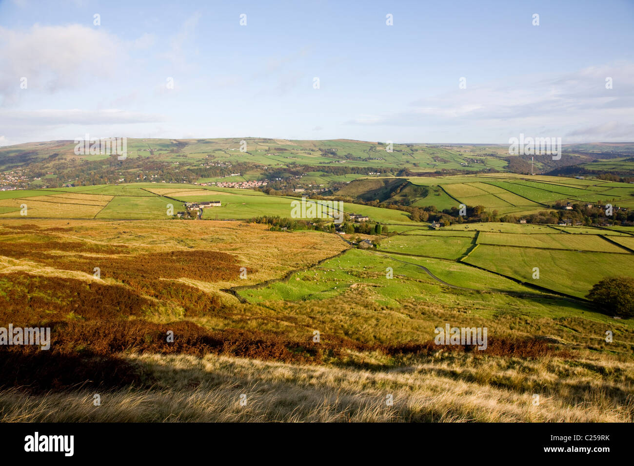 View over farmland from Langfield Edge Stock Photo