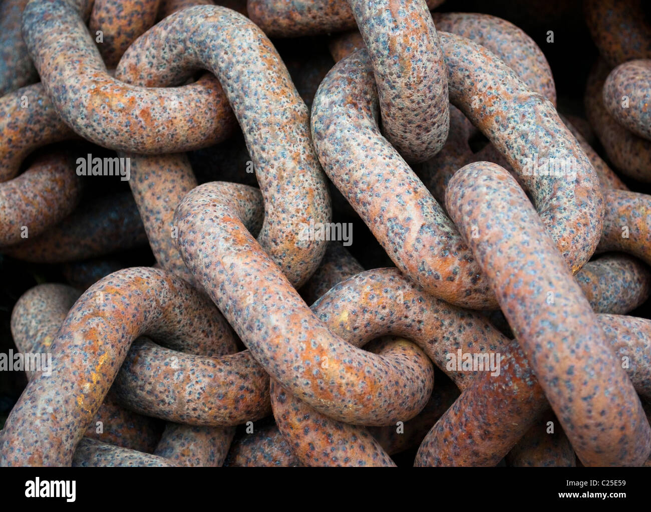 Closeup on a heap of old metal rusty ship chain Stock Photo