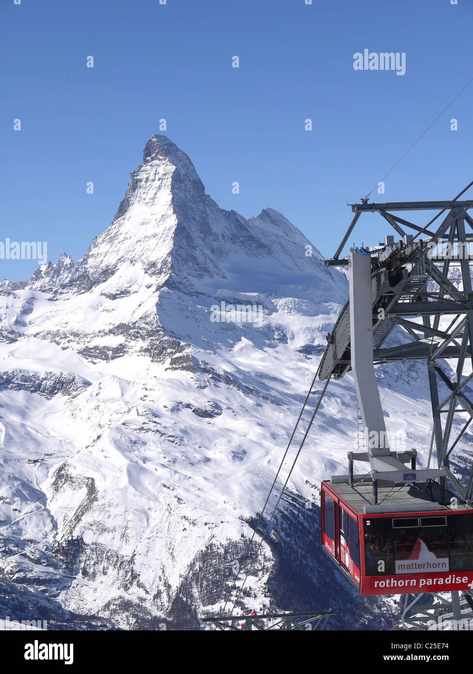 Zermatt with the Matterhorn behind on a bright winter day Stock Photo