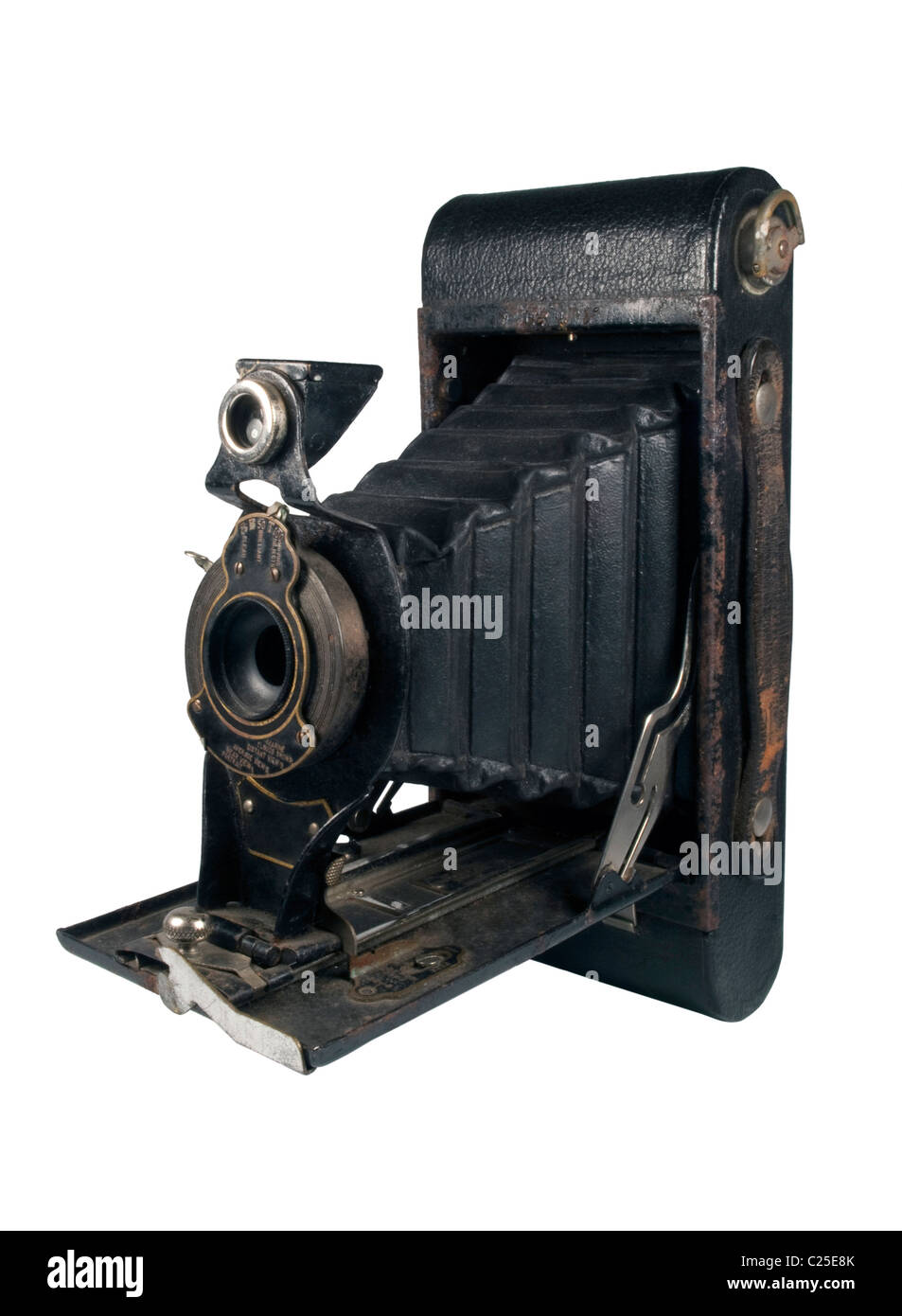 Closeup on the Old Vintage Foldable Camera on White Background Stock Photo