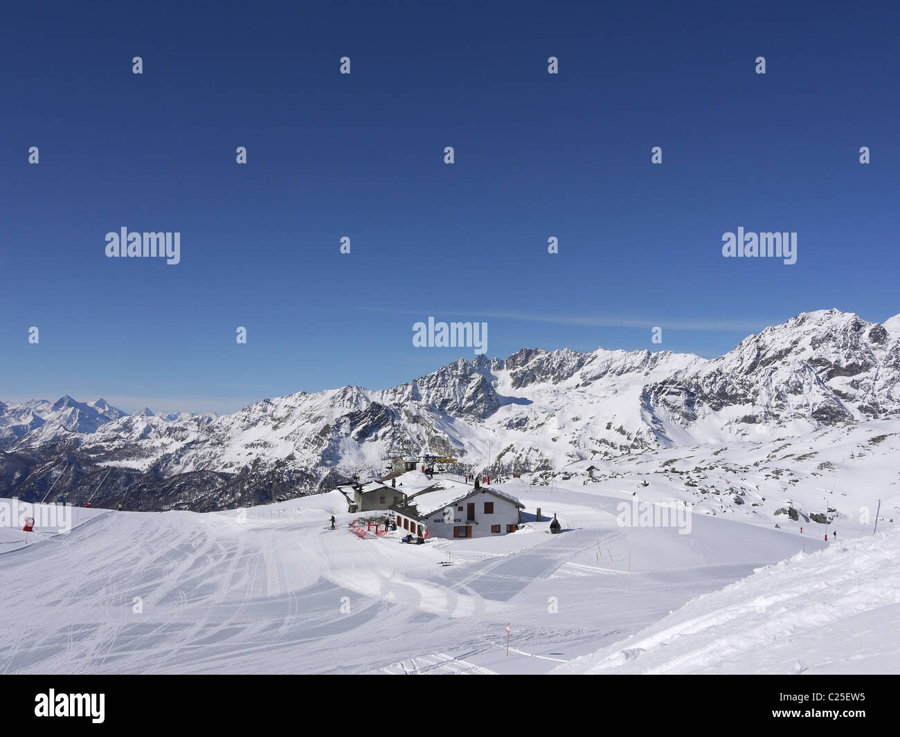 trestaurant on the long ski down to Val Tournenche, Italy from Cervinia Stock Photo