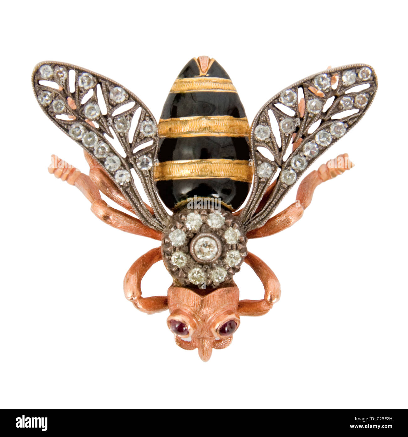 Antique Victorian 14ct Rose Gold honeybee brooch with 39 diamonds and ruby eyes Stock Photo