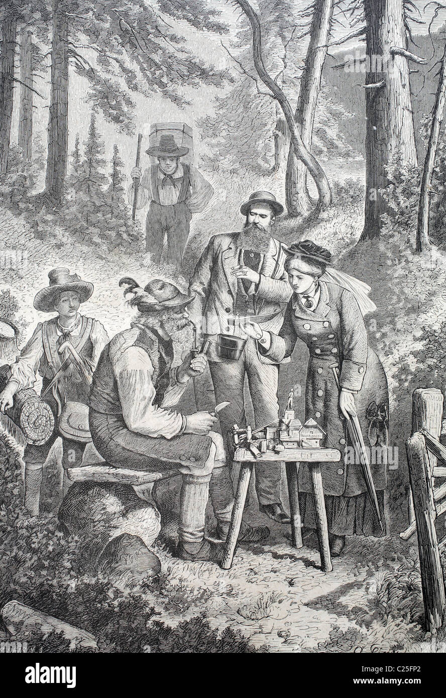 Woodcutters in Tyrol, Austria, historic illustration, 1877 Stock Photo