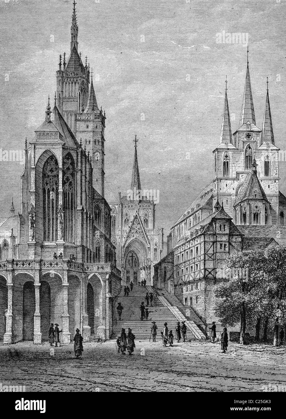 Erfurt Cathedral, Germany, historic illustration, 1877 Stock Photo