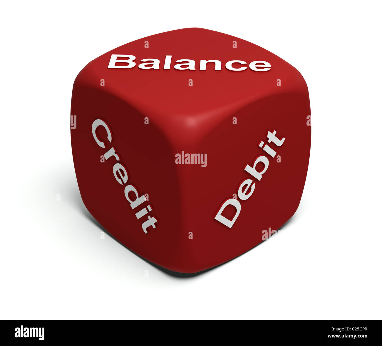 Red Dice with words Credit, Debit, Balance on faces Stock Photo