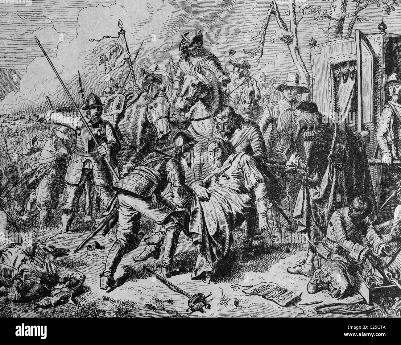 Johann Tserclaes, Count of Tilly, at the Battle of Lech, 15th April 1632, mortally injured, historic illustration, 1877 Stock Photo
