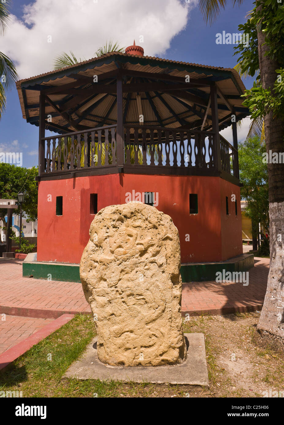 FLORES, GUATEMALA - Statue and gazebo, in colonial town of Flores. Stock Photo