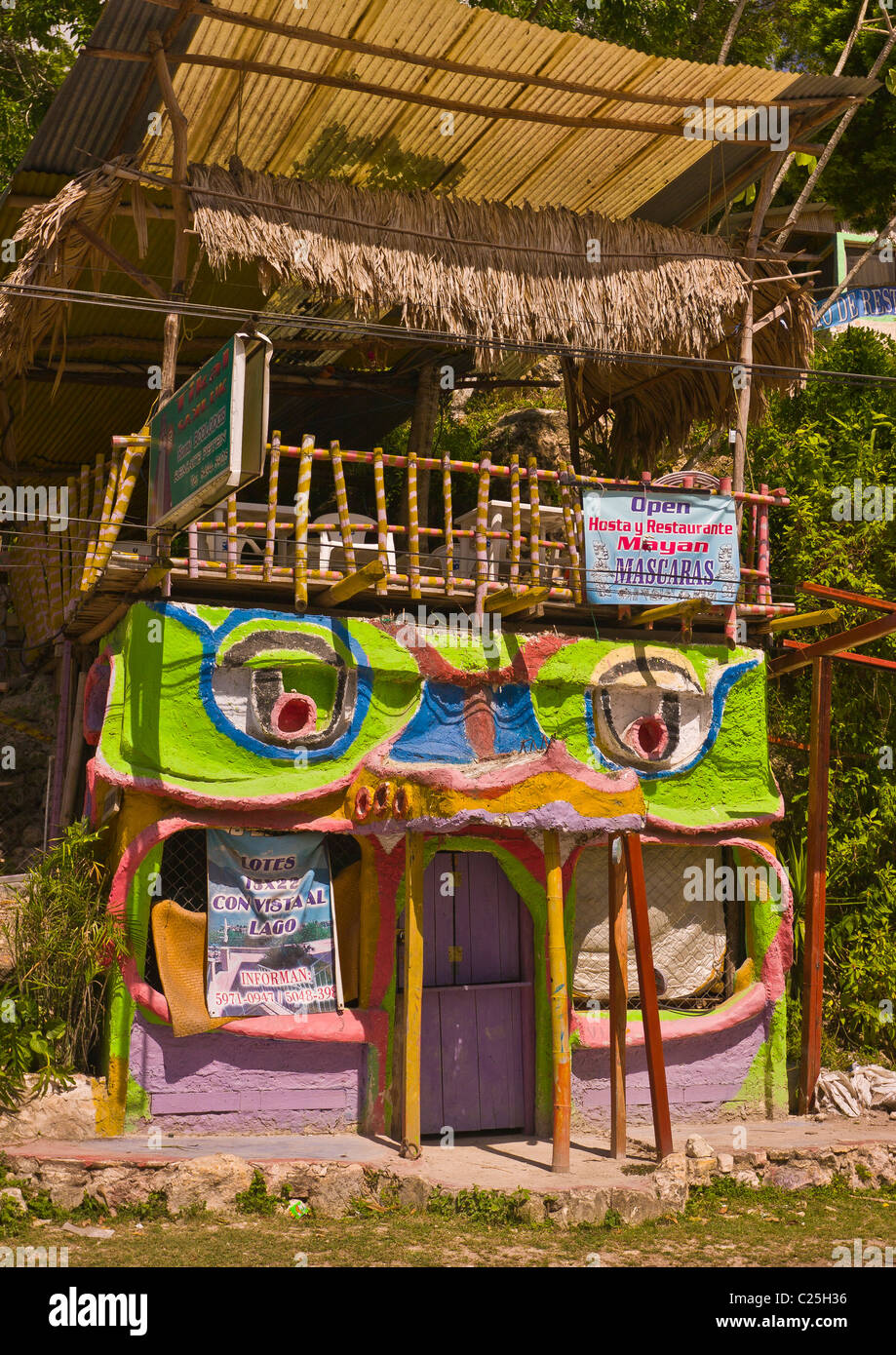REMATE, GUATEMALA - Sak Luk Ecolodge Hotel. Front is sculpted as the face of a crocodile. Stock Photo
