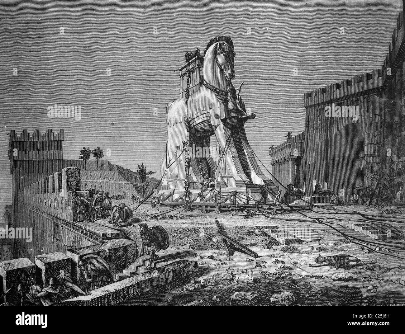The Trojan horse, historic illustration, 1877 Stock Photo