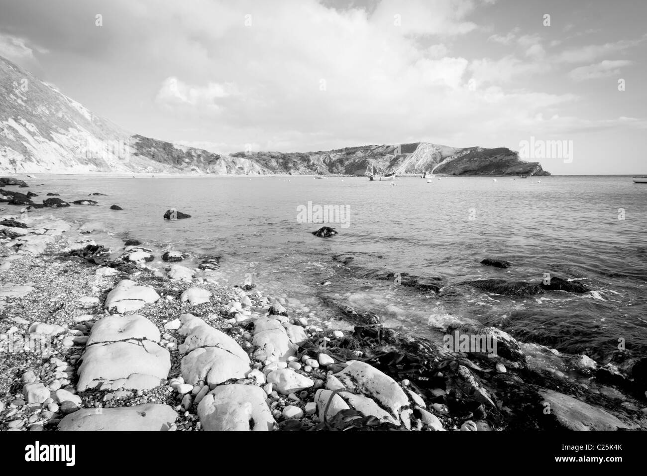 Landscape shot taken in Lulworth Cove, Dorset.  Black and white Stock Photo
