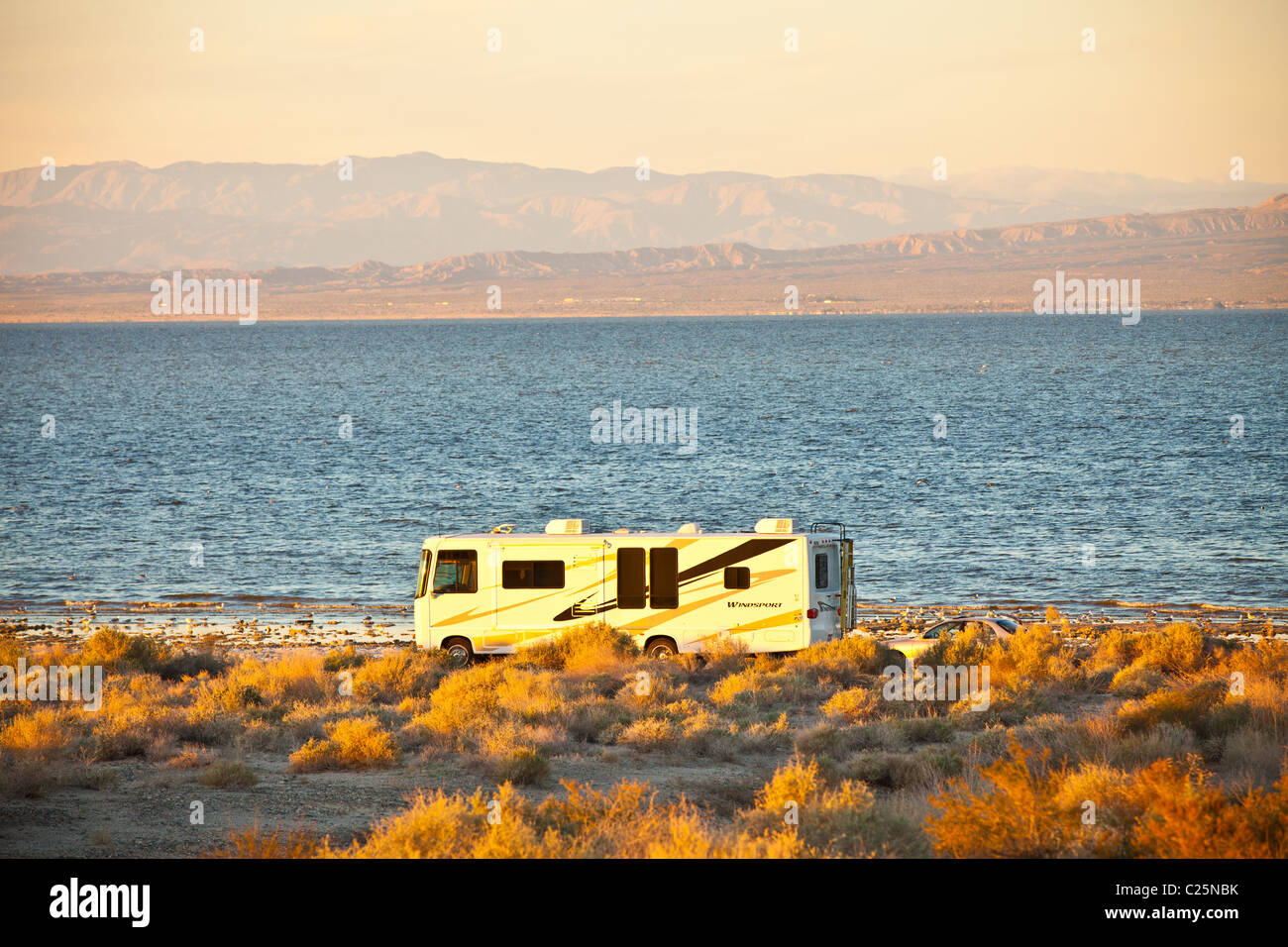 Camper along the coast of the Salton Sea Imperial Valley, CA. Stock Photo