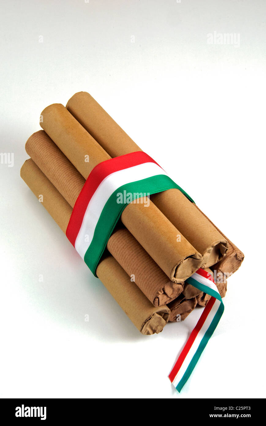 Explosive situation in Italy, Dynamite with italian flag Stock Photo