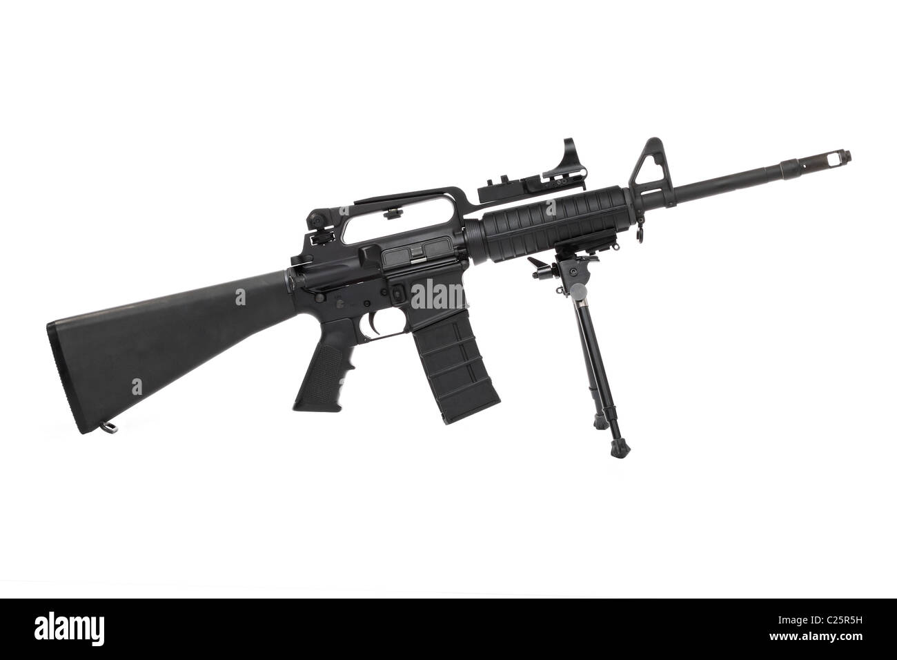 military style assault rifle gun on bipod mount isolated Stock Photo