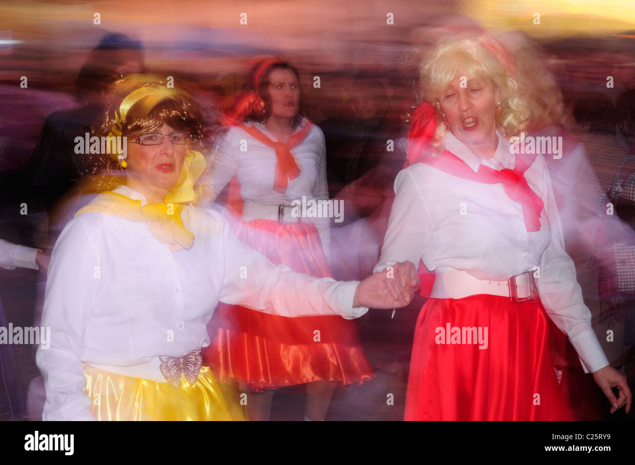 Men dressed as women at a Carnival parade. Redondela, Galicia, Spain. Stock Photo