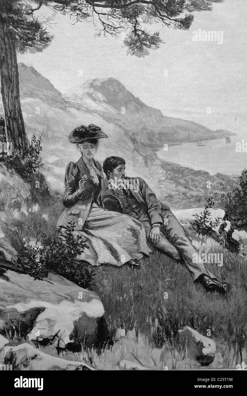 Lovers resting at the edge of the forest, historical illustration circa 1893 Stock Photo