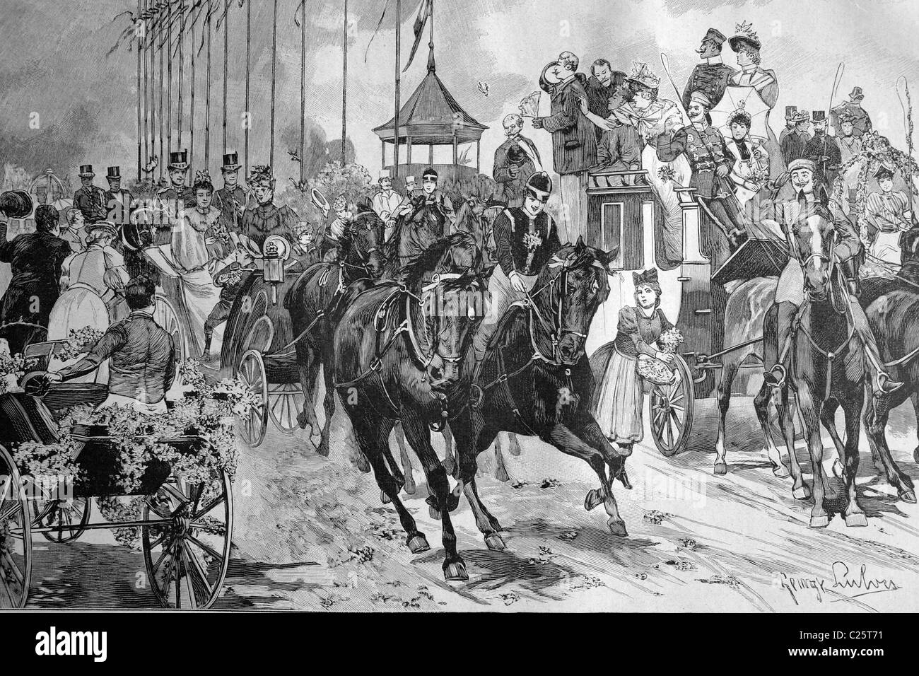 The flower parade in Westend in Berlin, Germany, historical illustration circa 1893 Stock Photo
