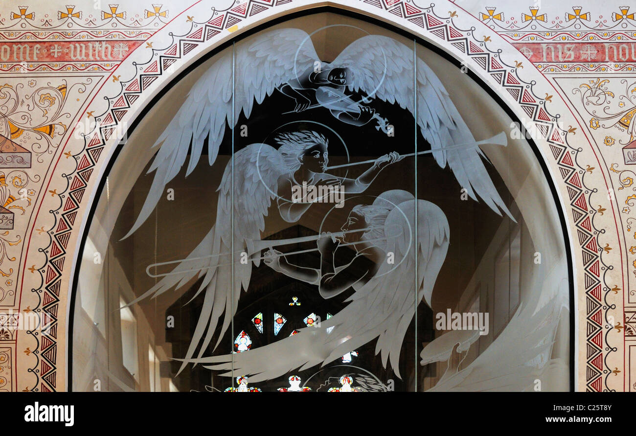 The Curwen Screen 'Angels and Music', (detail). Church of Saint Martin, Bowness-on-Windermere, Lake District National Park. Stock Photo