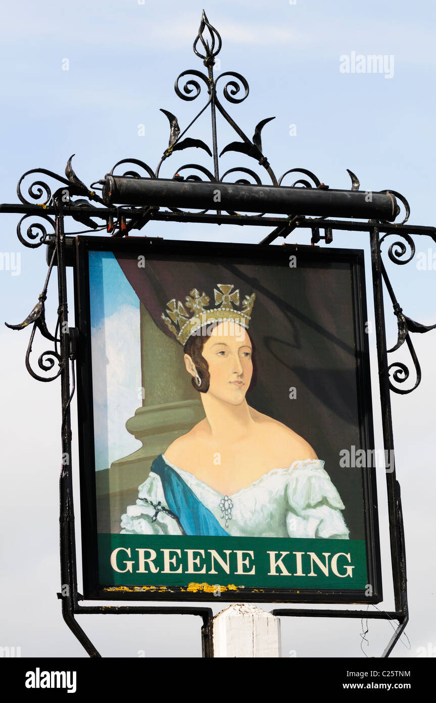 Queens Head pub Sign, Fowlmere, cambridgeshire, England, UK Stock Photo
