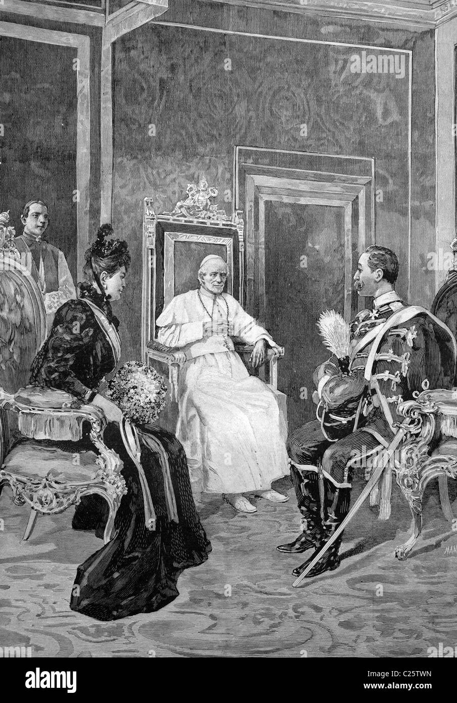 The German Emperor and Empress visiting Pope Leo XIII in Rome, historical illustration circa 1893 Stock Photo