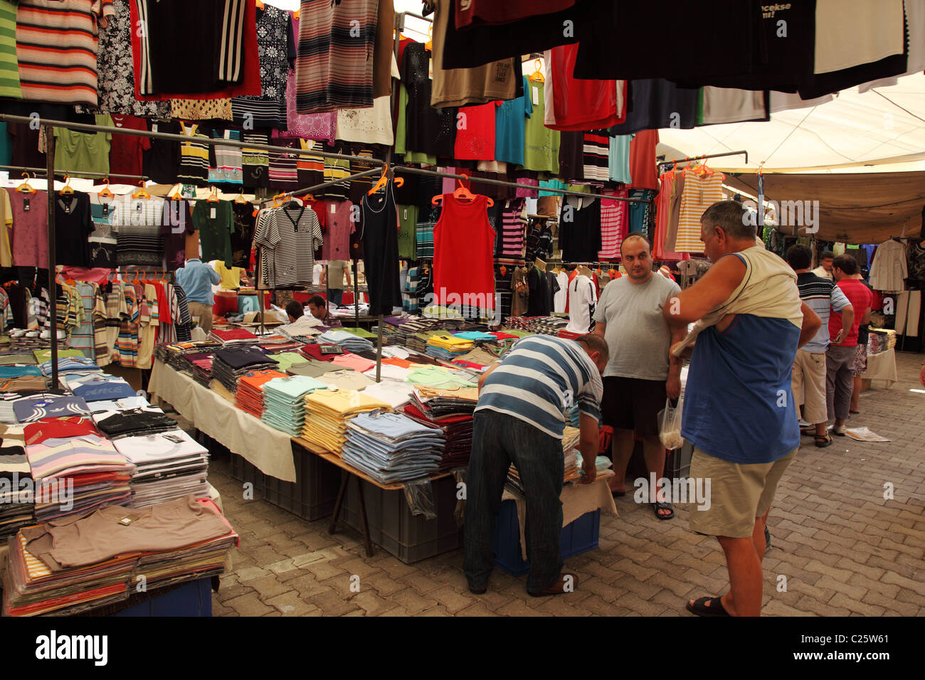 Clothes for sale in Yalikavak bazaar, Bodrum peninsula, Turkey Stock