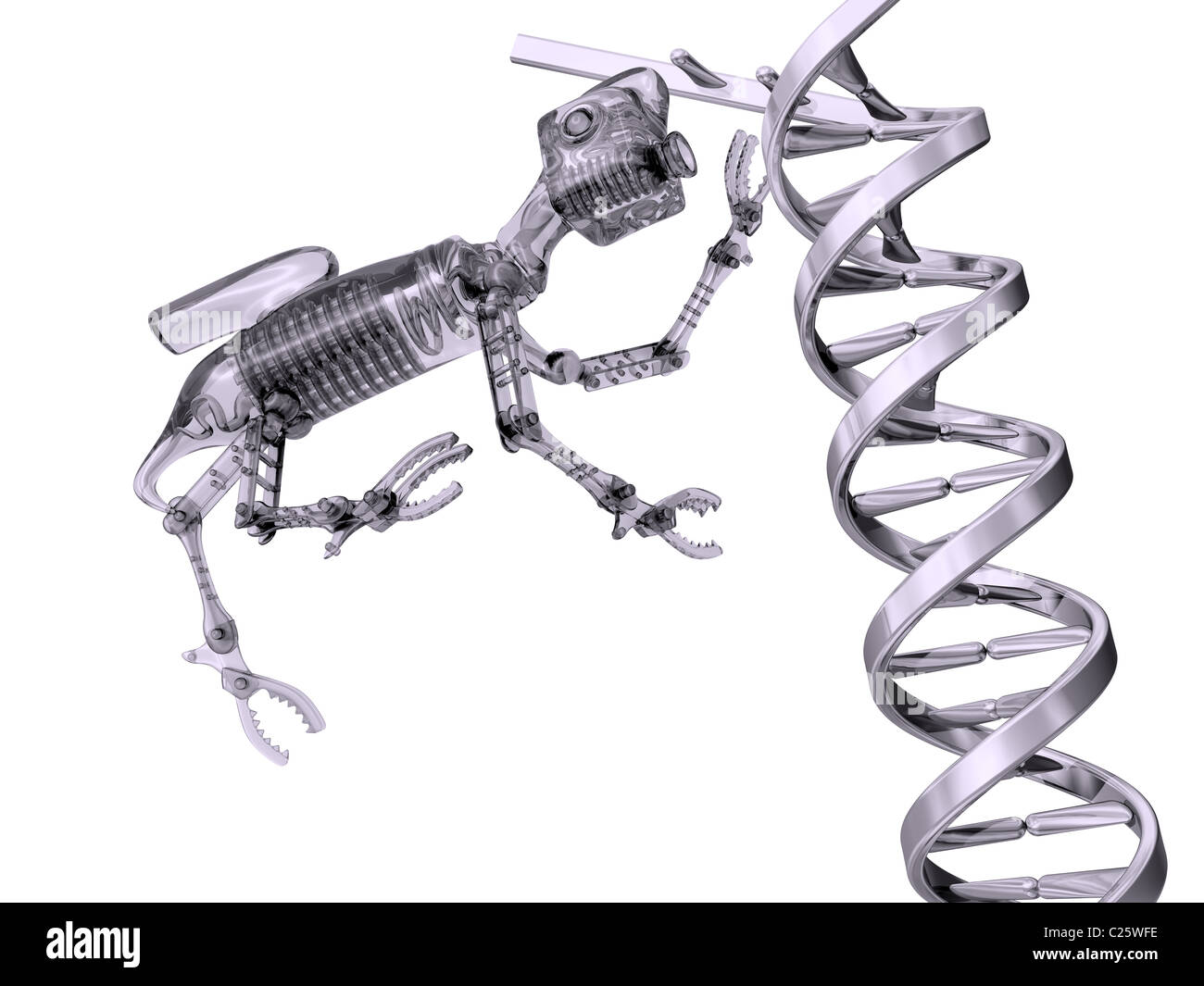 Illustration of a nanobot manipulating a strand of DNA Stock Photo