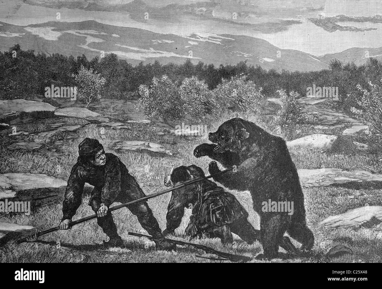 Sami on the bear hunt, historical illustration circa 1893 Stock Photo