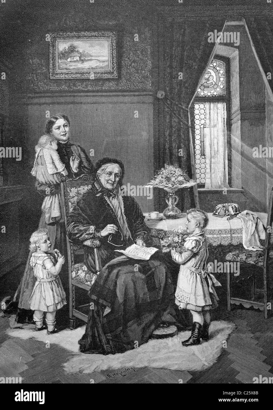 Children wishing their grandmother a happy birthday, historical illustration circa 1893 Stock Photo