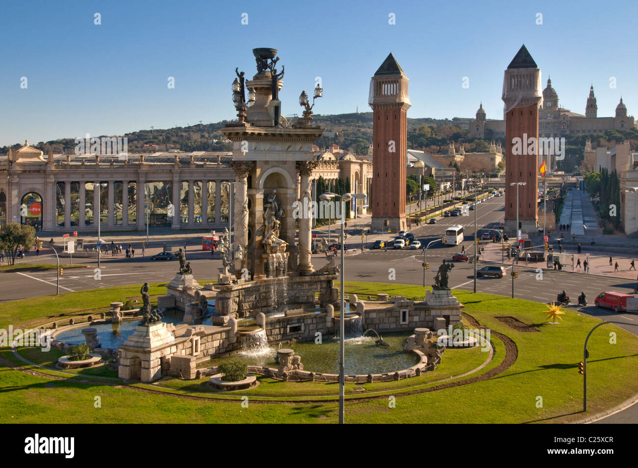 Placa d'Espanya, Avinguda de la Reina Maria Cristina, Palau Nacional, Montjuic, Barcelona, Spain,Catalunya,Spain Stock Photo